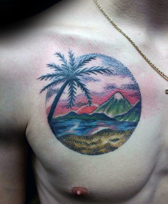 Guys Circle Beach Upper Chest Tattoo With Small Design