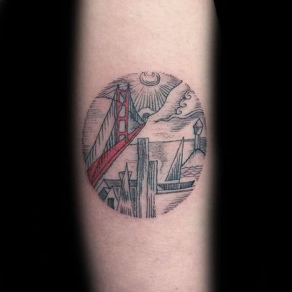 Guys Circle Golden Gate Bridge Fine Lines Tattoo On Forearm