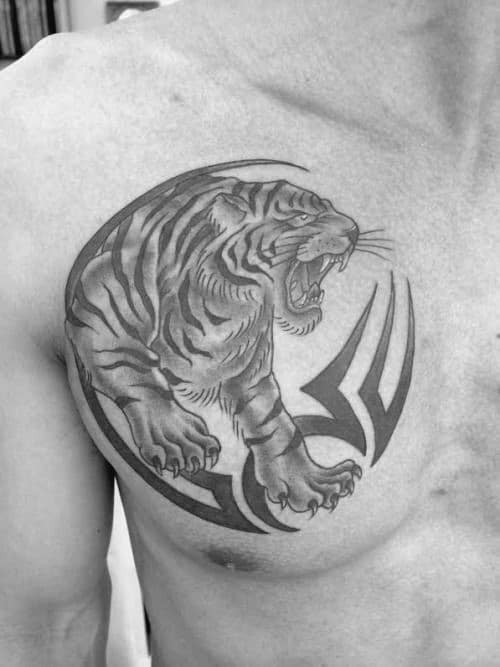 Guys Circular Tribal Tiger Upper Chest Tattoo