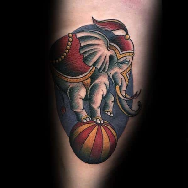 Guys Circus Elephant Standing On Top Of Ball Am Tattoo Designs