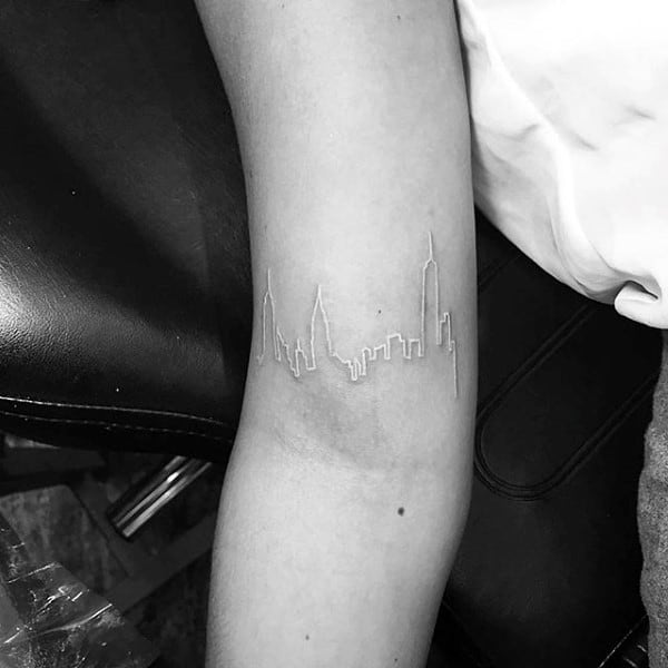 Guys City Skyline White Ink Inner Forearm Tattoo