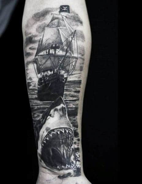 Guy's Clipper Ship Tattoos On Forearm