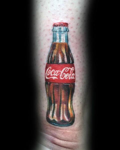 Realistic Coca-Cola bottle tattoo with detailed shading, vibrant red branding, and a glossy effect for a lifelike and classic design.