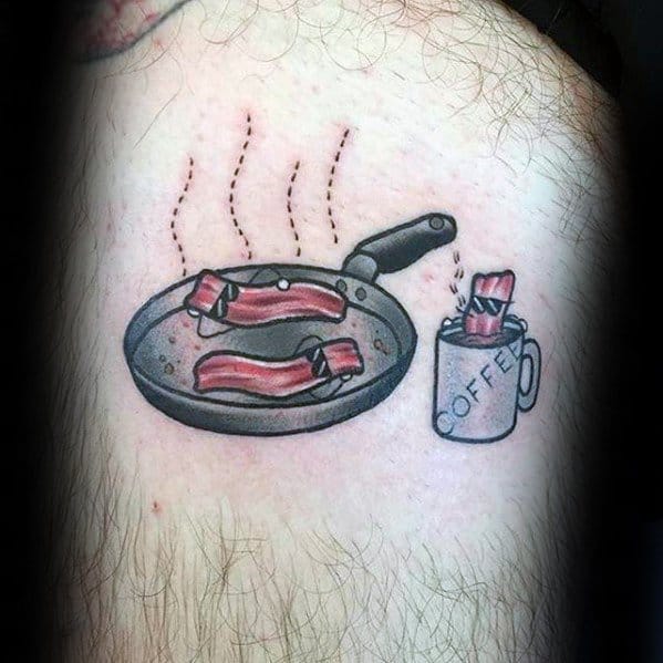 Guys Coffee Cup With Bacon Frying Pan Thigh Tattoos