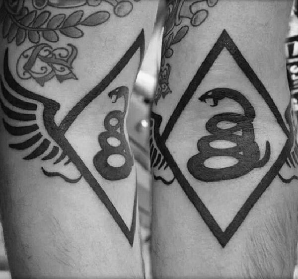 Guys Coiled Snake Logo Style Tattoo On Forearm