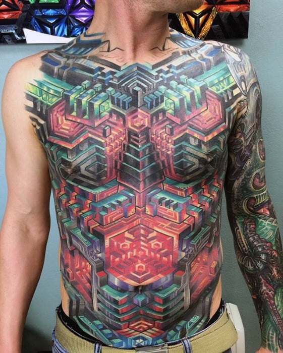 Guys Colorful 3d Geometric Chest Tattoo Design Ideas