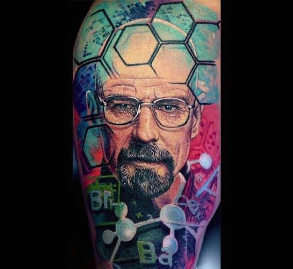 Guys Colorful Chemistry Breaking Bad Tattoo Half Sleeve