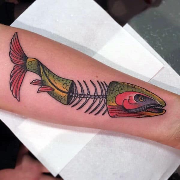 Guys Colorful Fish Skeleton Forearm Tattoo