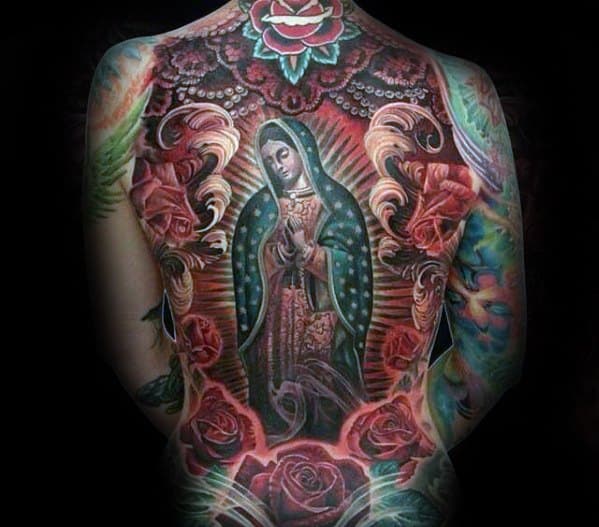 Guys Colorful Full Back Tattoos With Guadalupe Design