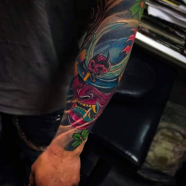Guys Colorful Half Sleeve Samurai Mask Tattoo