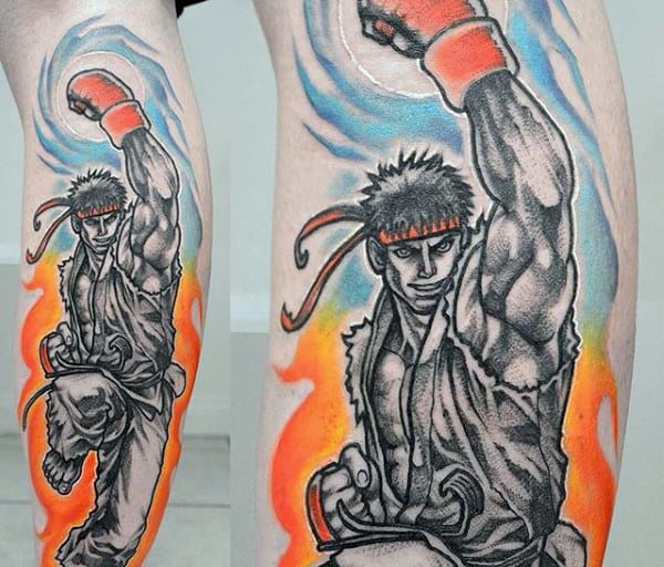 Guys Colorful Street Fighter Leg Tattoo Ideas