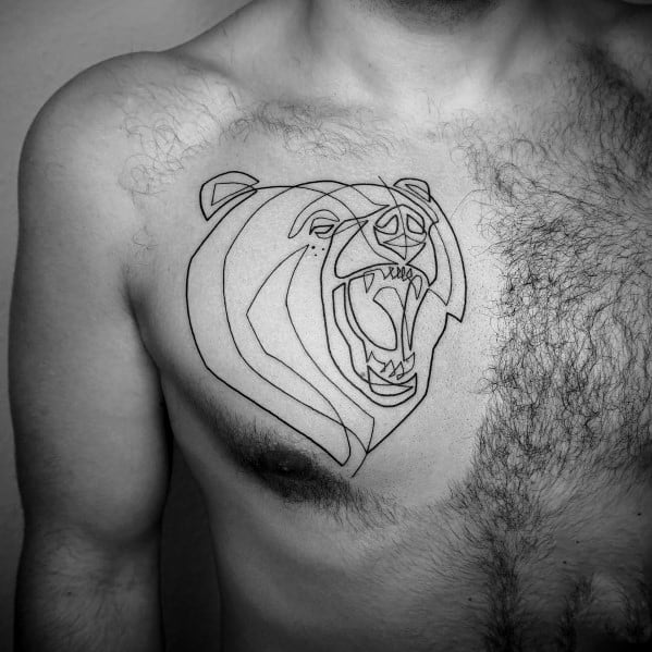 Geometric continuous line tattoo of a roaring bear on the chest, featuring bold black ink with sharp angles for a powerful and dynamic look.