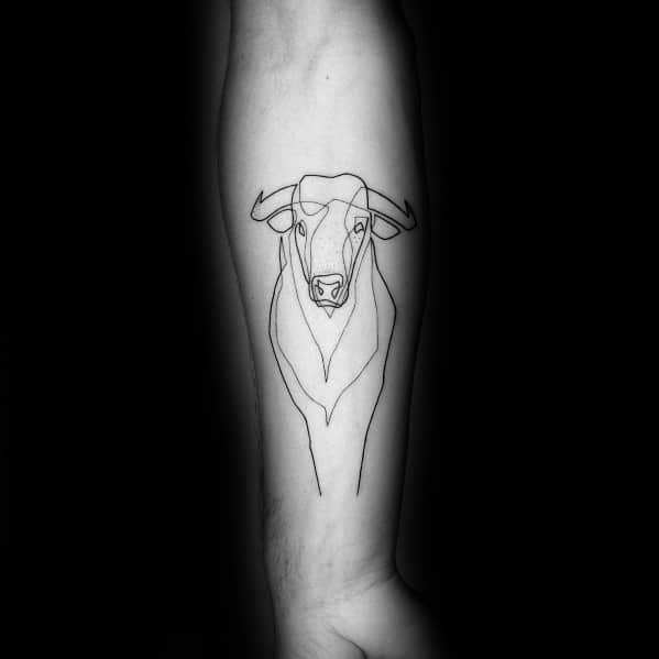 Minimalist continuous line tattoo of a bull on the forearm, featuring sleek black ink strokes for a bold and powerful design.