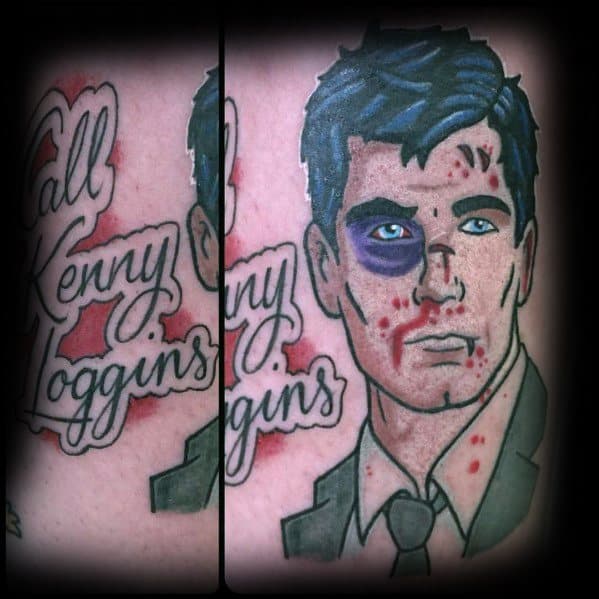 Archer tattoo featuring a bruised spy in a suit with 'Call Kenny Loggins' script, capturing his battle-worn yet confident look.