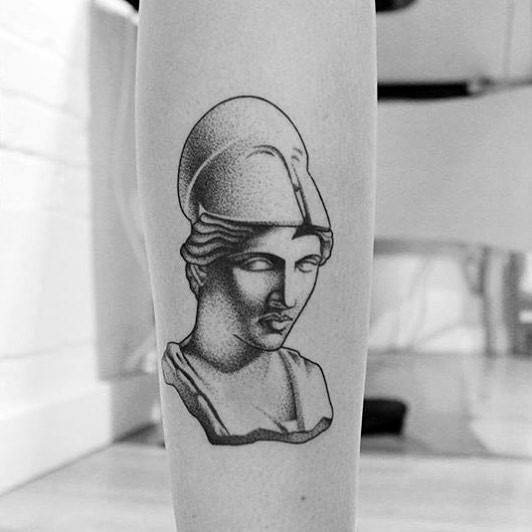Minimalist Athena bust tattoo on forearm with dotwork shading and clean lines, inspired by classical sculpture style