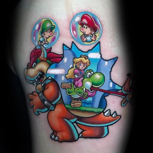 Colorful Bowser and Yoshi tattoo on a man's arm, featuring Princess Peach, Baby Mario, and Baby Luigi in a playful, vibrant Mario-themed design.