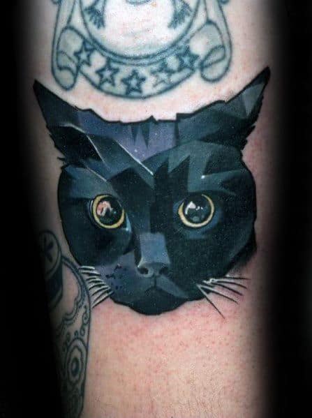 Bold geometric black cat tattoo with sharp angular shading and lifelike eyes, creating a modern and striking design.