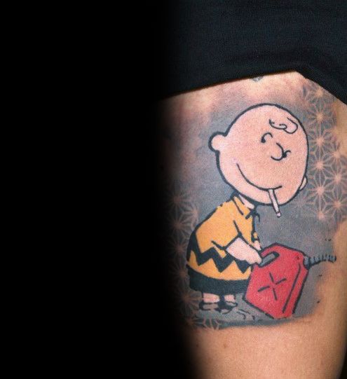 Edgy Charlie Brown tattoo featuring him holding a gas can with a cigarette, blending classic nostalgia with a rebellious twist.