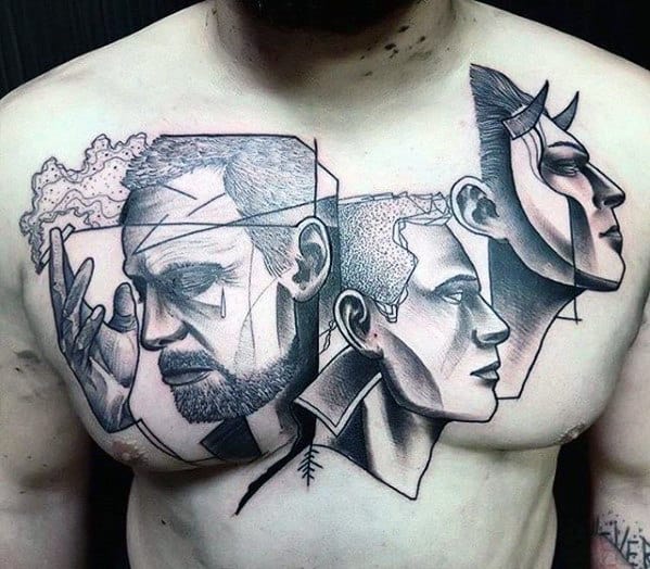 Guys Cool Chest Faces Abstract Tattoo Designs