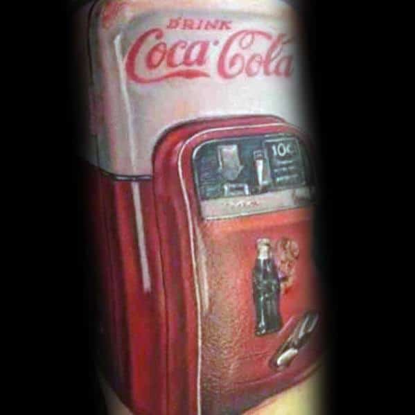 Realistic vintage Coca-Cola vending machine tattoo with detailed shading, nostalgic red and white tones, and a classic 10-cent label for a retro look.