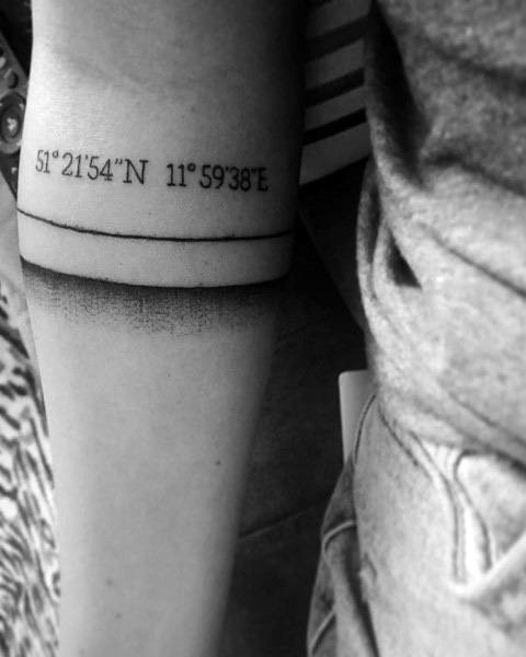 Minimalist coordinate tattoo on the forearm with fine black lettering and a bold shaded band, symbolizing a significant location and personal meaning.