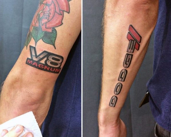 Bold Dodge-themed tattoos featuring 'V8 Magnum' with a rose and 'Mopar' logo in red and black, showcasing muscle car pride.