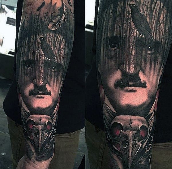 Dark and haunting Edgar Allan Poe tattoo sleeve with a forest overlay, perched raven, and a detailed skull at the base.