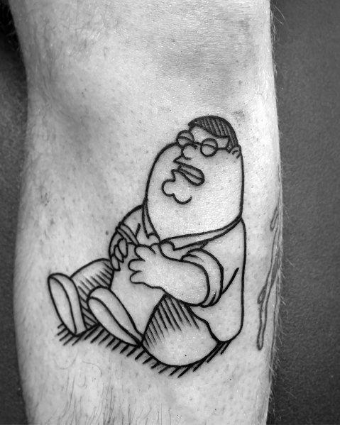 Tattoo of Peter Griffin from Family Guy in black ink, sitting on the ground holding his knee in pain, referencing the iconic "Ahhh" scene.