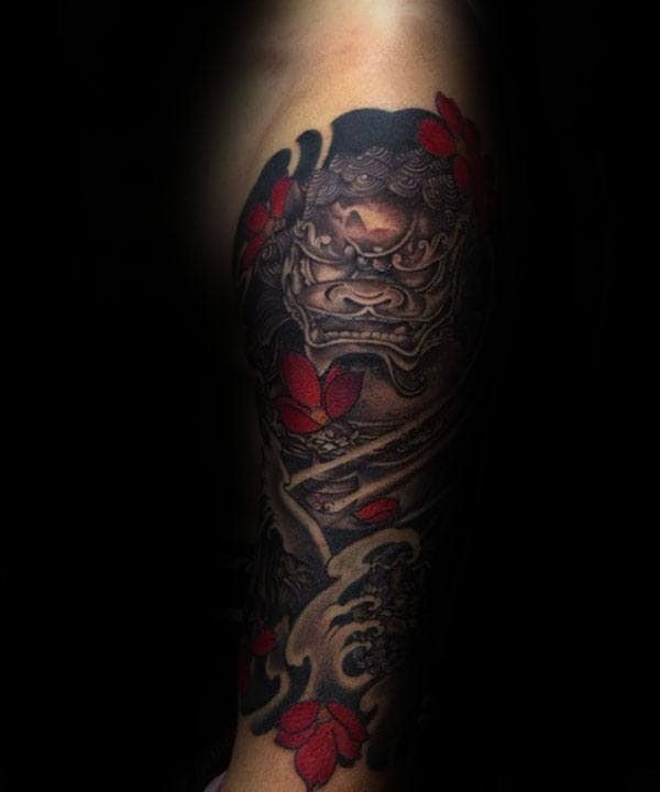 Guys Cool Foo Dog With Red Flowers Japanese Half Sleeve Tattoo