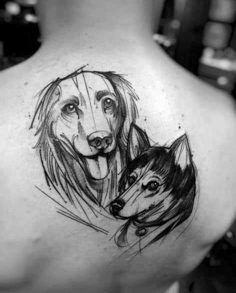 Sketch-style Golden Retriever and Husky tattoo on the upper back, featuring expressive linework and artistic shading for a dynamic, hand-drawn look.