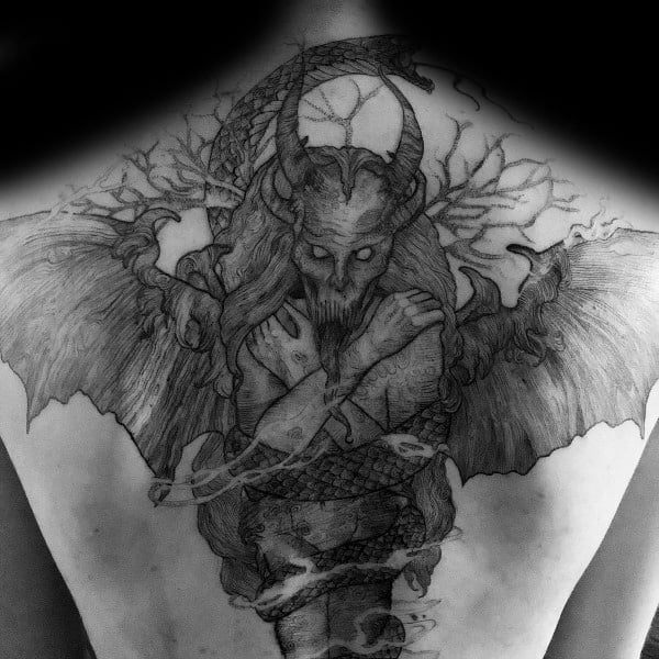 Dark gothic back tattoo featuring a horned demon with wings, a serpent-wrapped body, glowing eyes, and twisted tree branches for a haunting design.