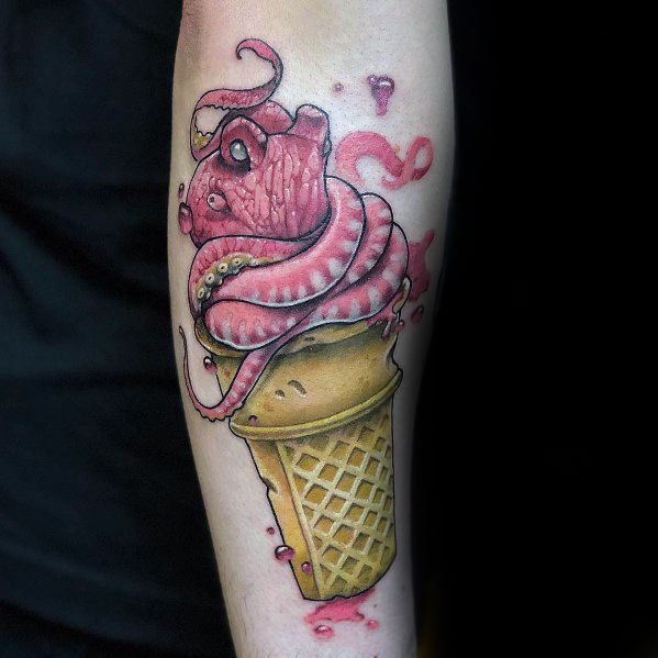 Tattoo of a surreal ice cream cone with a coiled pink octopus, blending realism and fantasy with intricate shading and bold details.