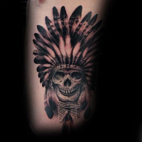 Guys Cool Indian Skull Tattoo On Rib Cage Side Of Body