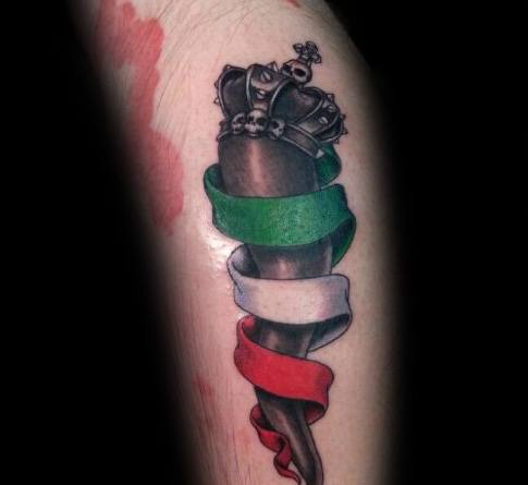 Black Italian horn tattoo with a crown, wrapped in a tricolor ribbon, symbolizing heritage, strength, and national pride.