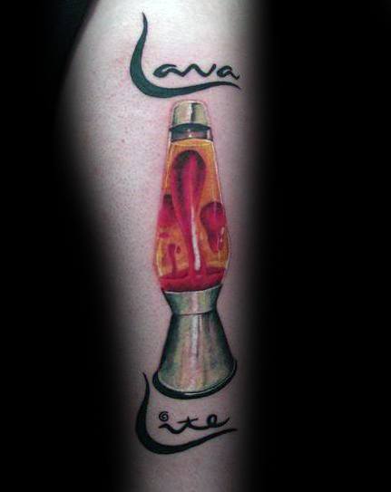 Classic lava lamp tattoo with red wax and retro "Lava Lite" lettering, great for men's nostalgic tattoo designs.