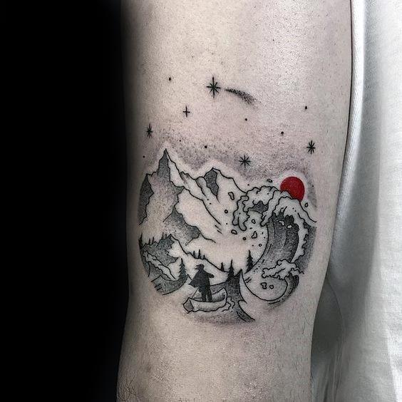 Black ink tattoo featuring mountains, waves, and pine trees with fine linework, a red sun, and starry sky details for a dreamy nature-inspired design.