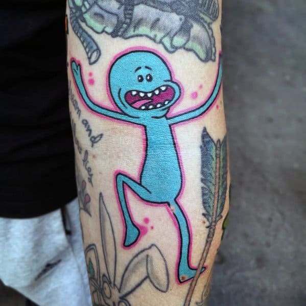 Tattoo of Mr. Meeseeks from Rick and Morty with arms raised, outlined in pink, featuring an excited expression on a colorful background.