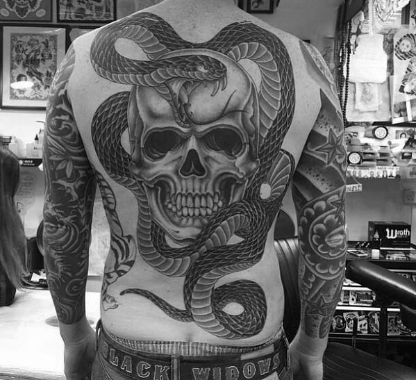 Guys Cool Old School Traditional Snake And Skull Full Back Tattoos