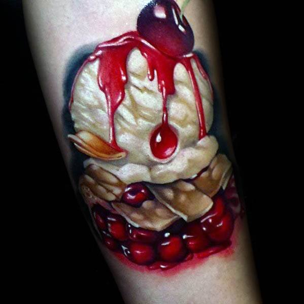 Realistic cherry pie tattoo with a scoop of ice cream, dripping syrup, and a cherry on top, creating a bold and mouthwatering design
