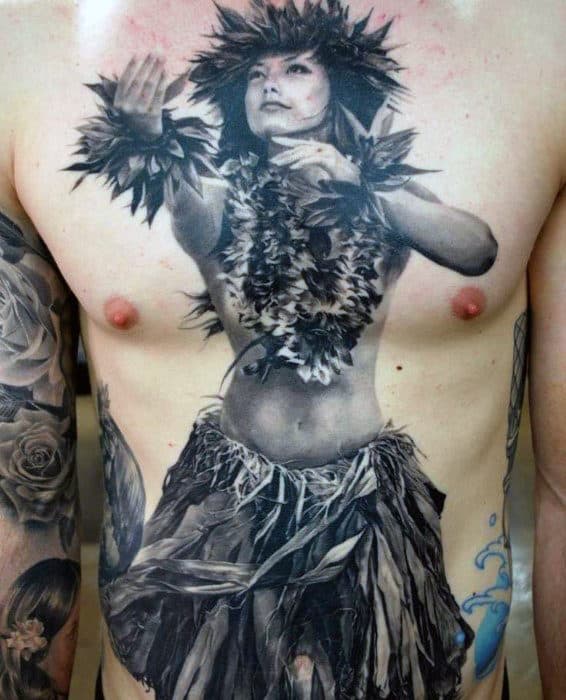 Guys Cool Realistic 3d Hula Dancer Chest Tattoo