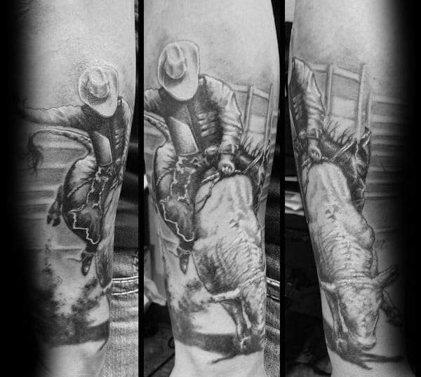 Black and grey tattoo of a rodeo cowboy riding a bucking bull, featuring realistic shading, motion effects, and a detailed background.