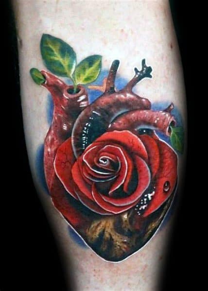 Realistic 3D tattoo of an anatomical heart with a rose blooming from its center, blending life and love in a bold, artistic design.