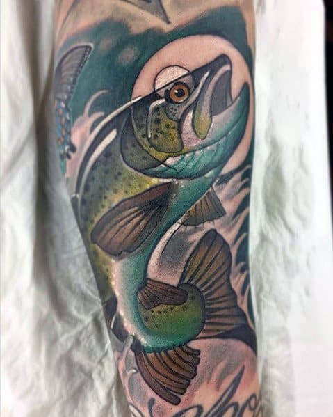 Colorful tattoo of a leaping salmon with blue and green tones, dynamic waves, and a glowing moon, creating a bold and vibrant sleeve design.