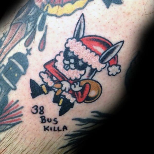Playful Santa Claus tattoo in a cartoon style, featuring a mischievous rabbit dressed as Santa, carrying a sack, with bold outlines and bright colors.