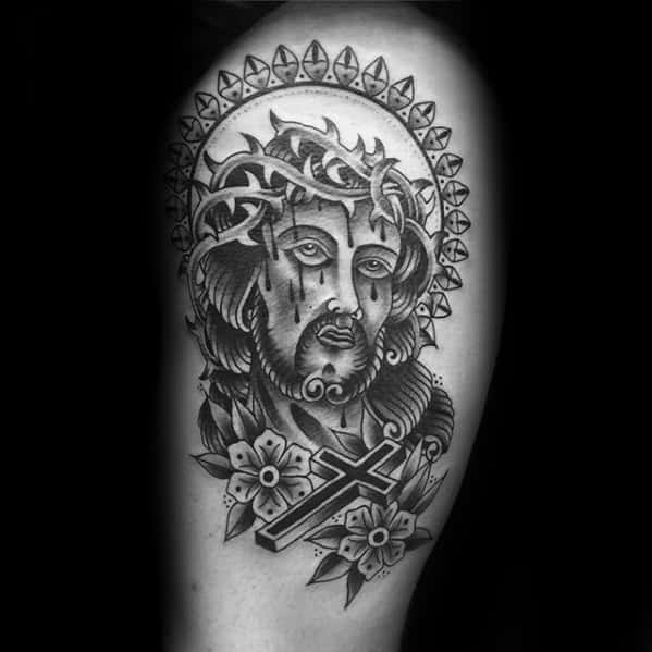 Guys Cool Traditional Jesus Thigh Tattoo Inspiration