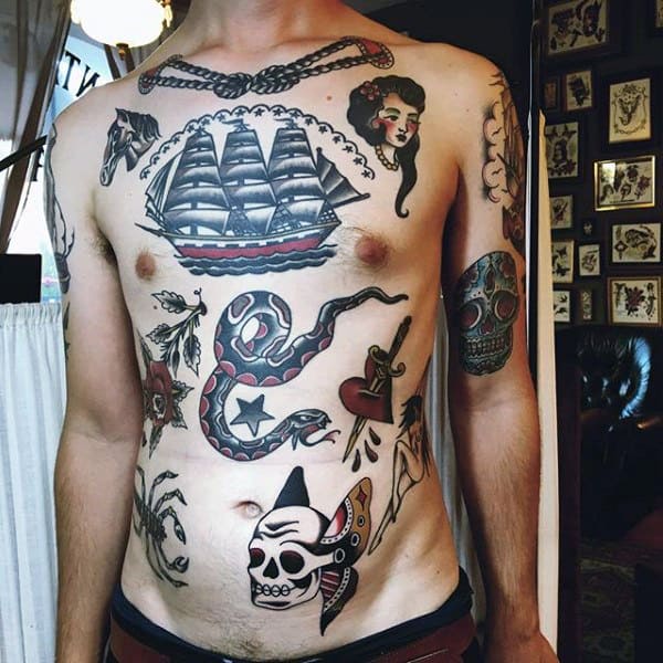 Guys Cool Traditional Ship Upper Chest Tattoos