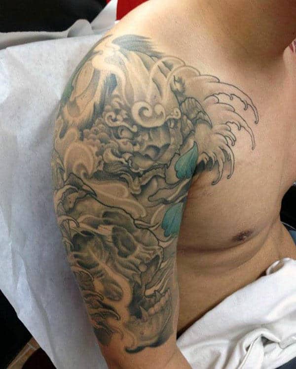 Guys Cool Water Waves Foo Dog Half Sleeve Tattoo