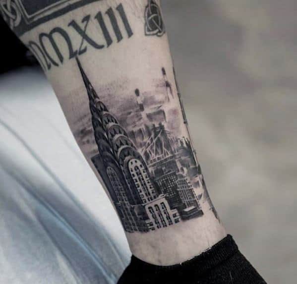 Guys Coolest Small New York City Skyline Lower Leg Tattoo