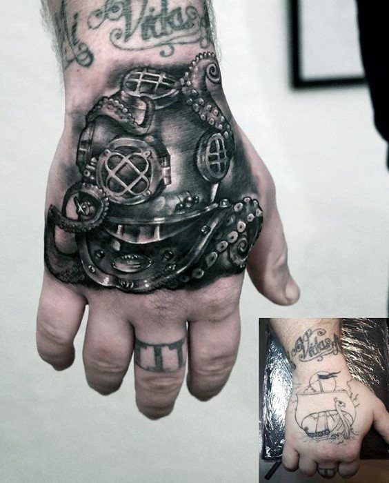 Guys Cover Up Diving Helmet Hand Tattoo
