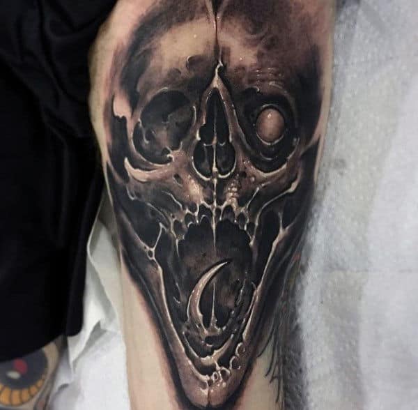 Guys Crazy Demonic Skull Thigh Tattoos